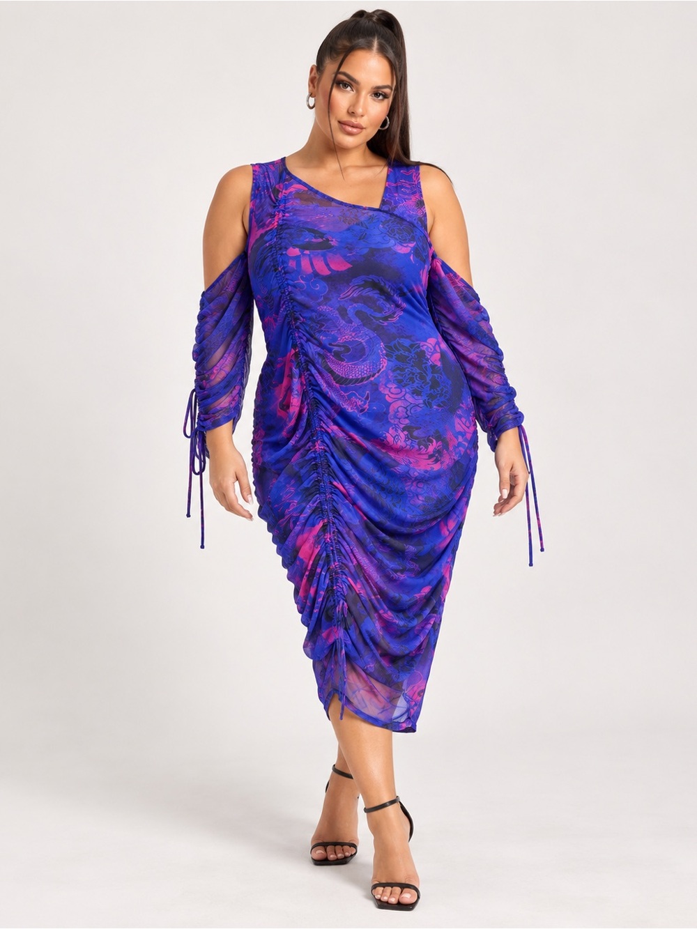 ASOS DESIGN Curve Dragon Print Mesh Ruched Cold Shoulder Midi Dress 16